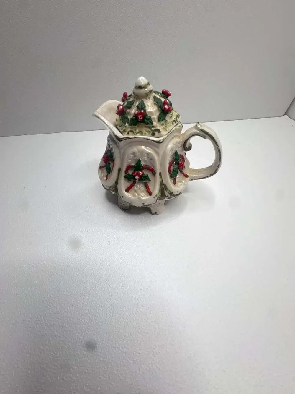 Christmas Holiday Holly and Candy Cane Embossed Ceramic Creamer with Lid